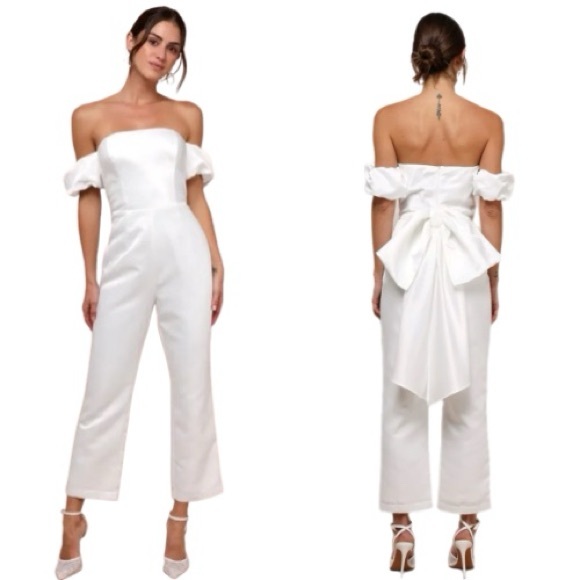 NWT Lulus White Puff Sleeve Chic Vow Satin Off Shoulder Bow Jumpsuit Womens S - Picture 1 of 8